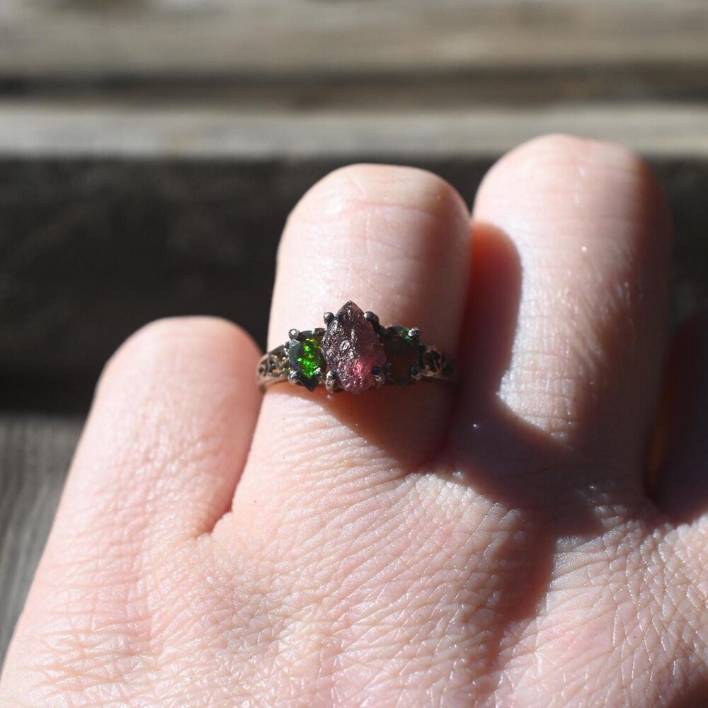 Engagement ring Black opal and pink sapphire  sterling silver size 3 4 5 6 7 8 9